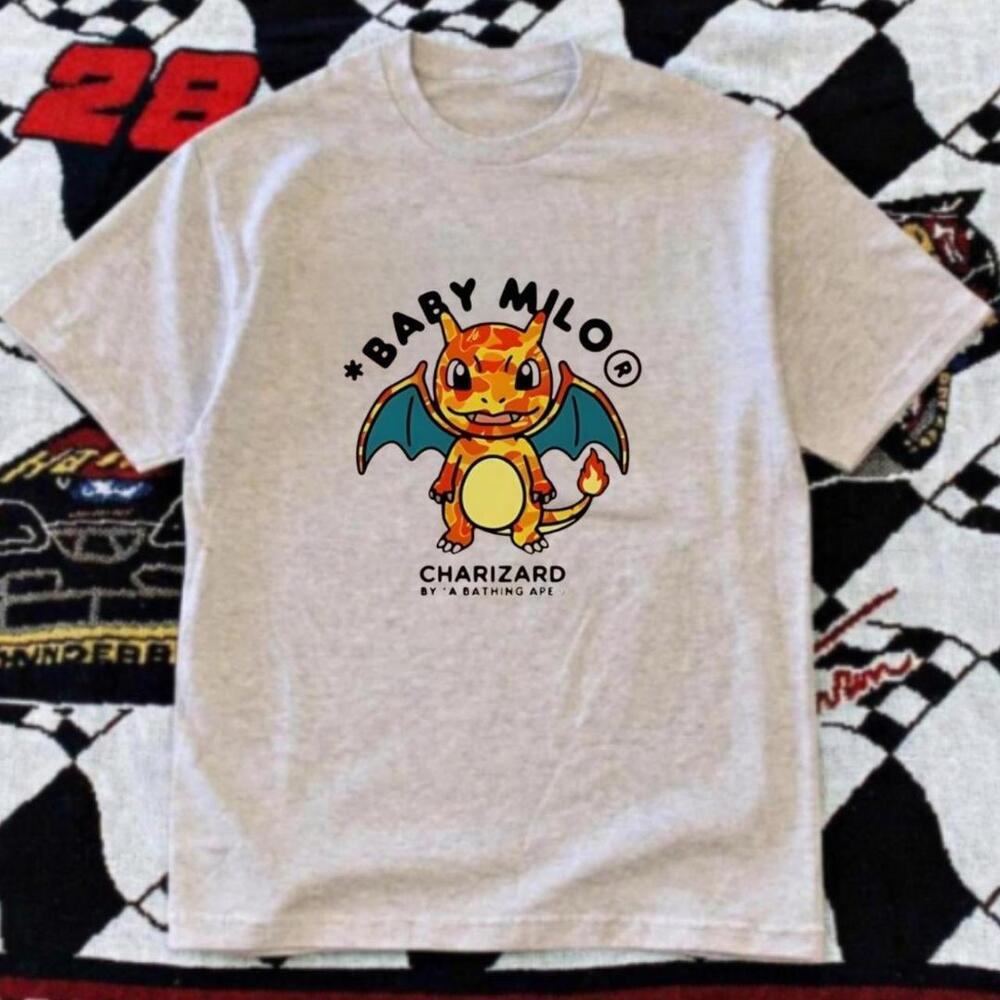 Gildan Grey T Shirt Baby Milo X PokeMon Charizard White T Shirt